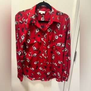 Red Floral Button-Up Blouse